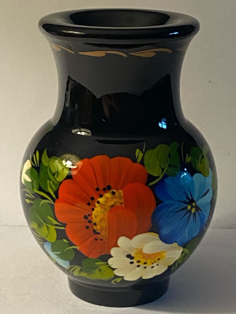 Hand-Painted Wooden Lacquered Black Floral Accent Small Vase Ukrainian Folk Art